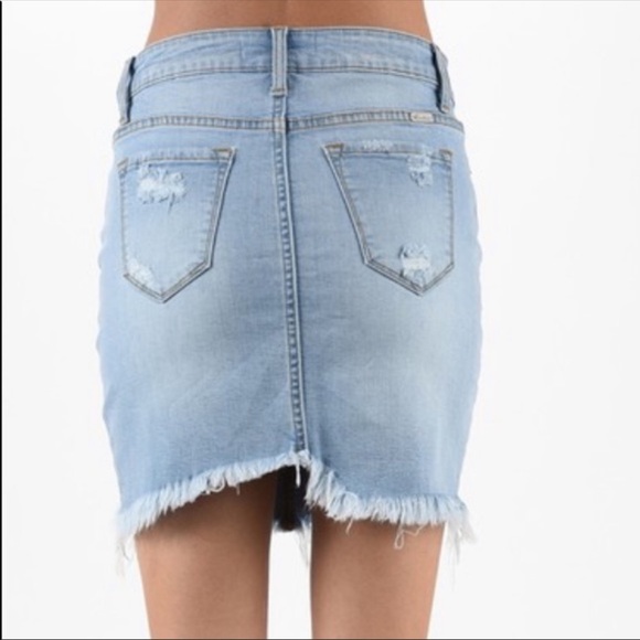 Light Wash Denim Fringe Mini Skirt - Picture 2 of 11
